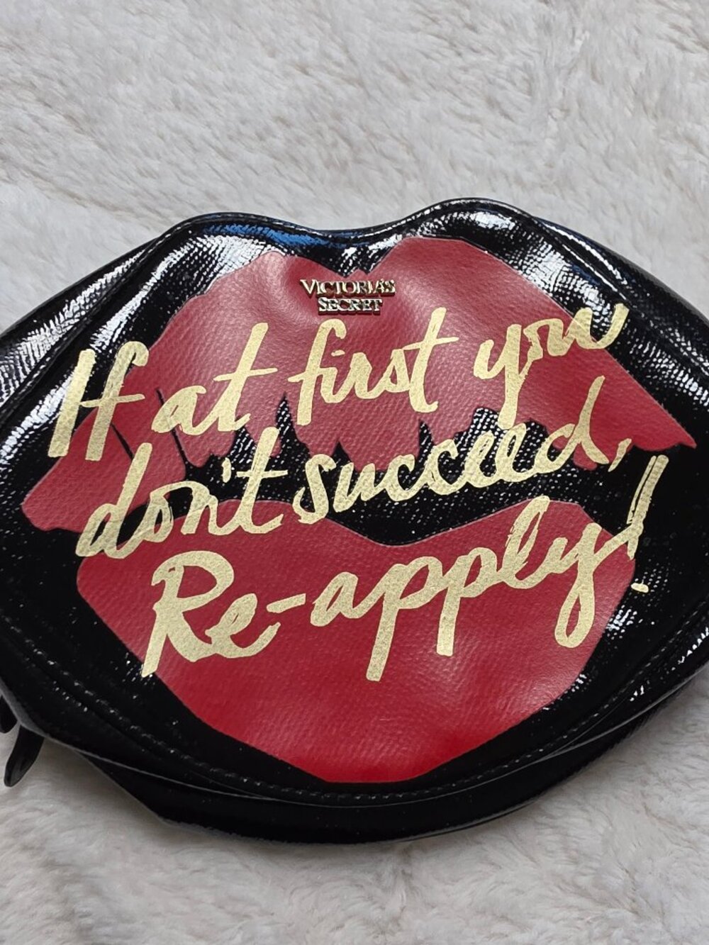 Victoria’s Secret Lipstick Muse Cosmetic Bag Black Patent Lip Shaped Makeup